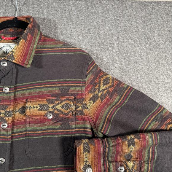 Iron & Resin Shirt Mens Large Brown Aztec Southwestern Stripe Button Up Cotton - Picture 8 of 13